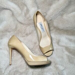 Jimmy Choo Luna 100 Peep Toe Patent Beige Pump Heel 40.5 Excellent